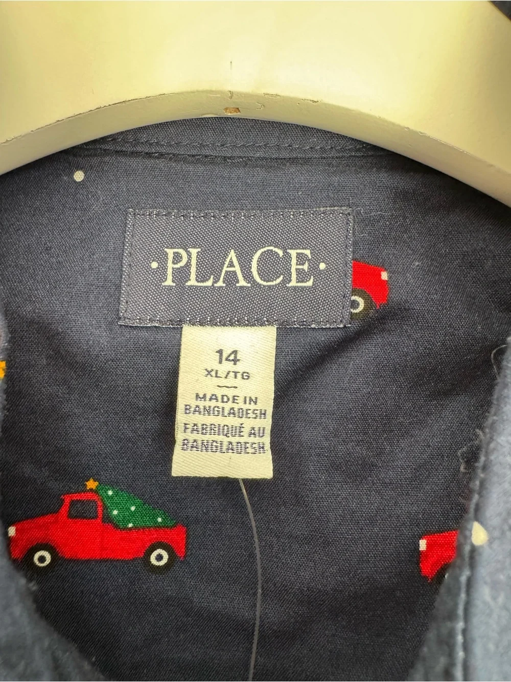The Children's Place Boys Navy Button-Down Shirt with Red Car Print Sz 14